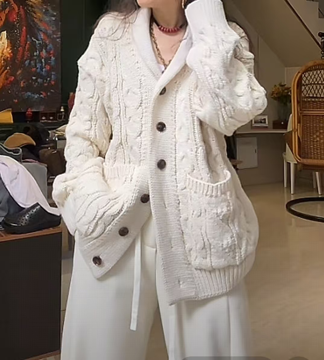  025185080903秋冬新款 时尚慵懒宽松气质百搭麻花针织开衫