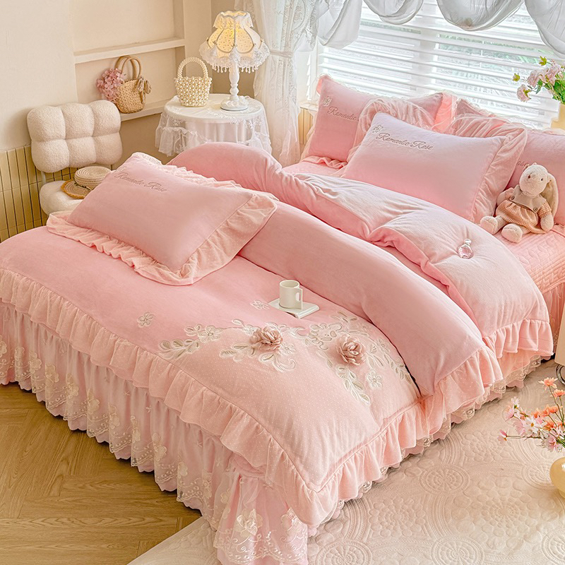 法式公主风加厚全消光牛奶绒床盖四件套双面加绒花边被套冬季
