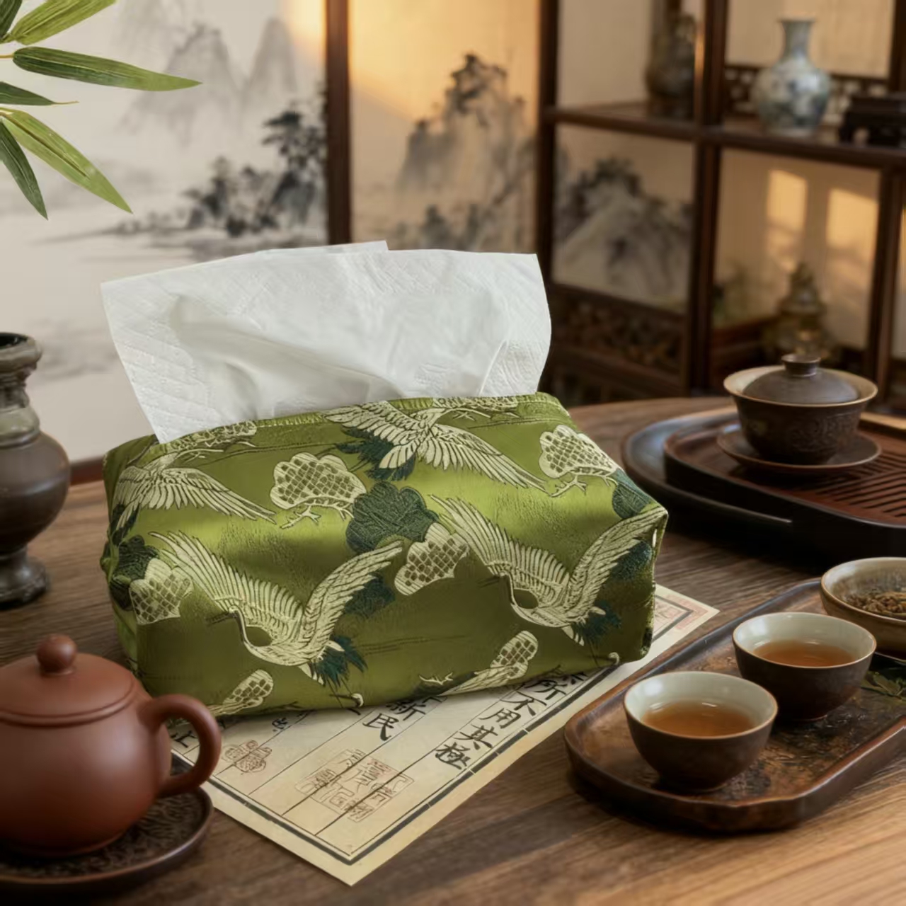 中式复古秋鹤抽纸巾盒布艺禅意茶桌面纸巾收纳客厅家用纸抽袋L