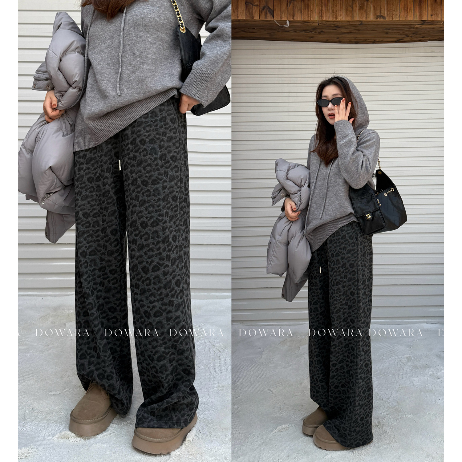 大婉酱微胖定制【豹走时刻】豹纹加绒休闲裤冬季高腰直筒长裤0477D