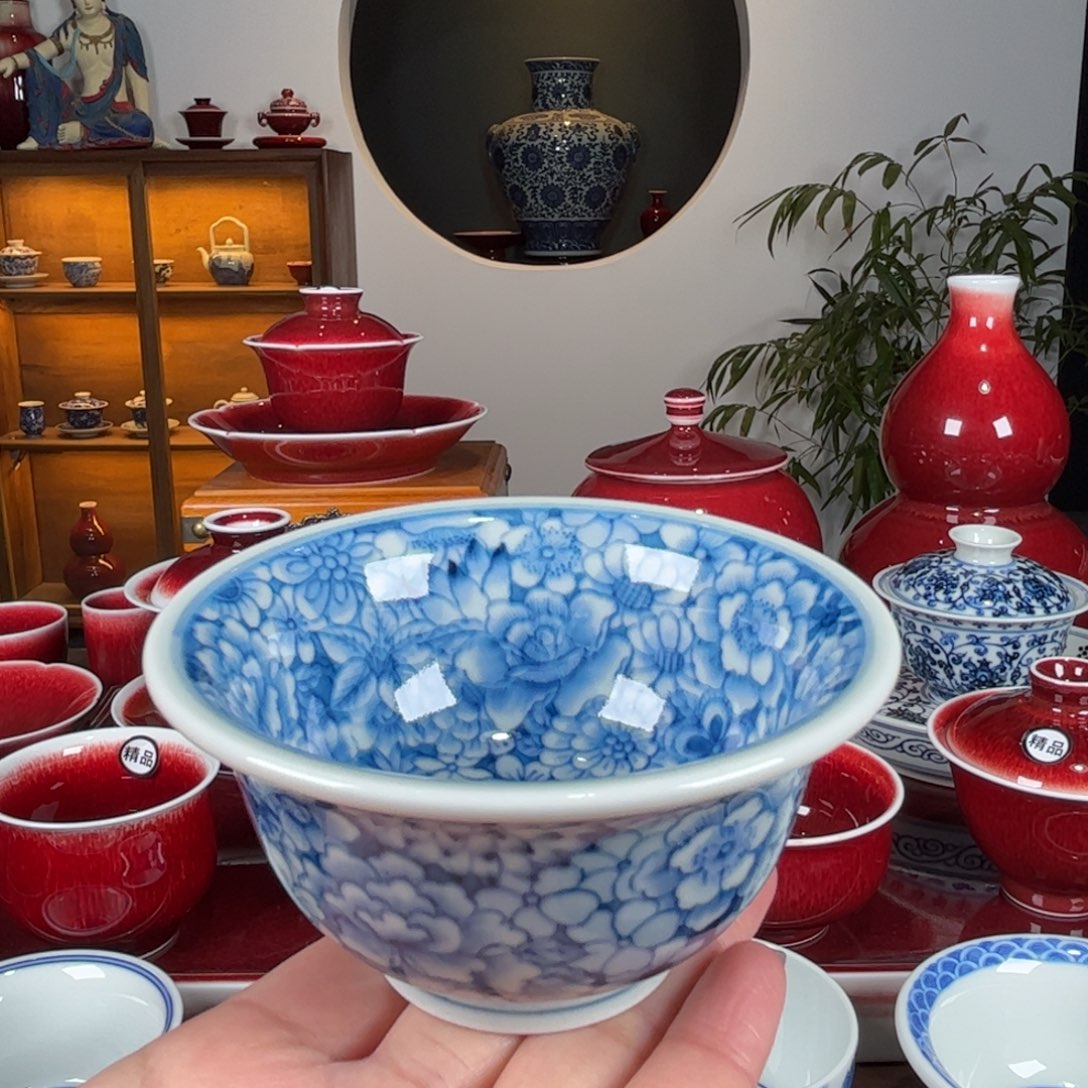 杯闻轩坊柴窑  万花重工满绘压手杯