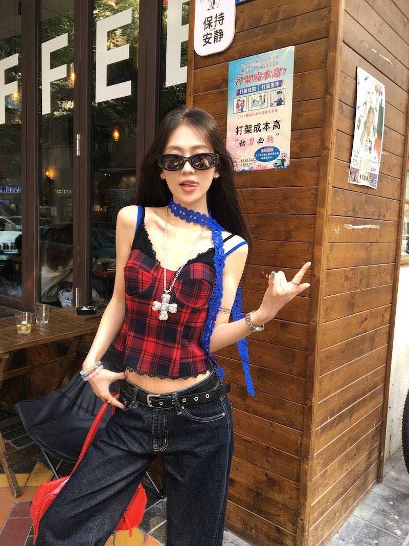 美式辣妹蕾丝拼接假两件格子吊带背心女带胸垫内搭修身显瘦上衣夏