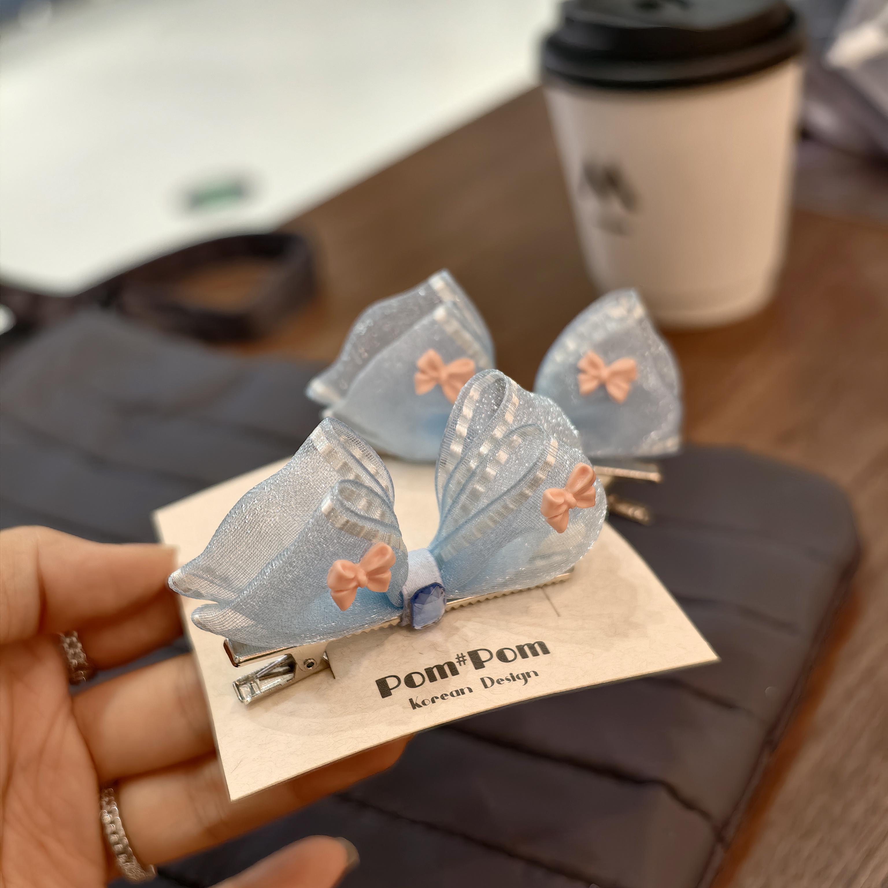 9109蓝色蝴蝶结对夹（手工微瑕介意勿拍）