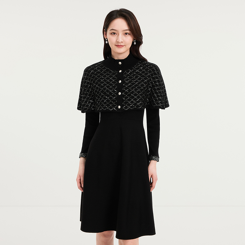 珂莱蒂尔【珠片羊毛】Koradior商场同款2025秋新款两件套连衣裙女