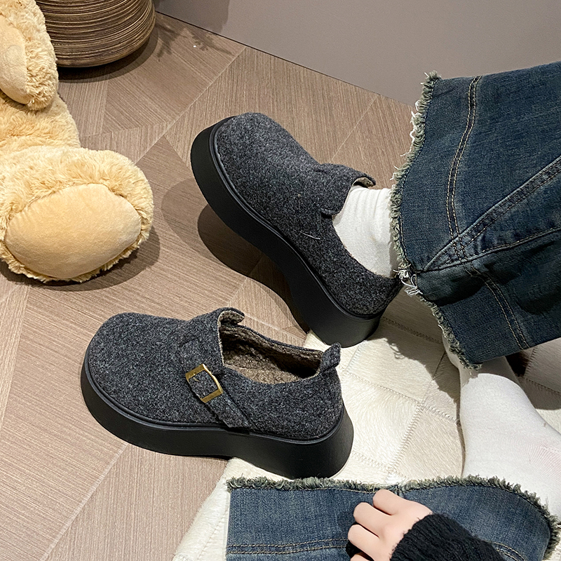 毛呢勃肯鞋女2024新款冬季加绒乐福女鞋厚底灰色时尚百搭雪地棉鞋