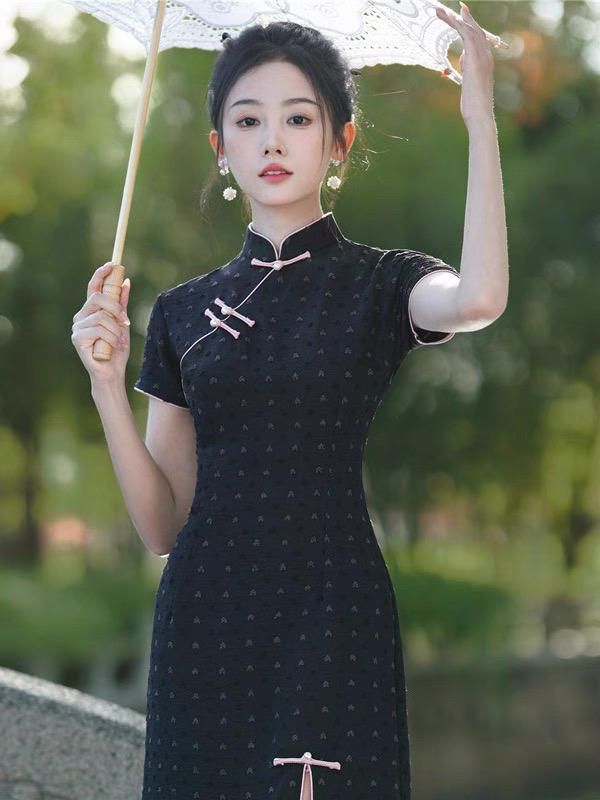 【2529 夏花 黑色】显瘦气质修身优雅复古中国风旗袍