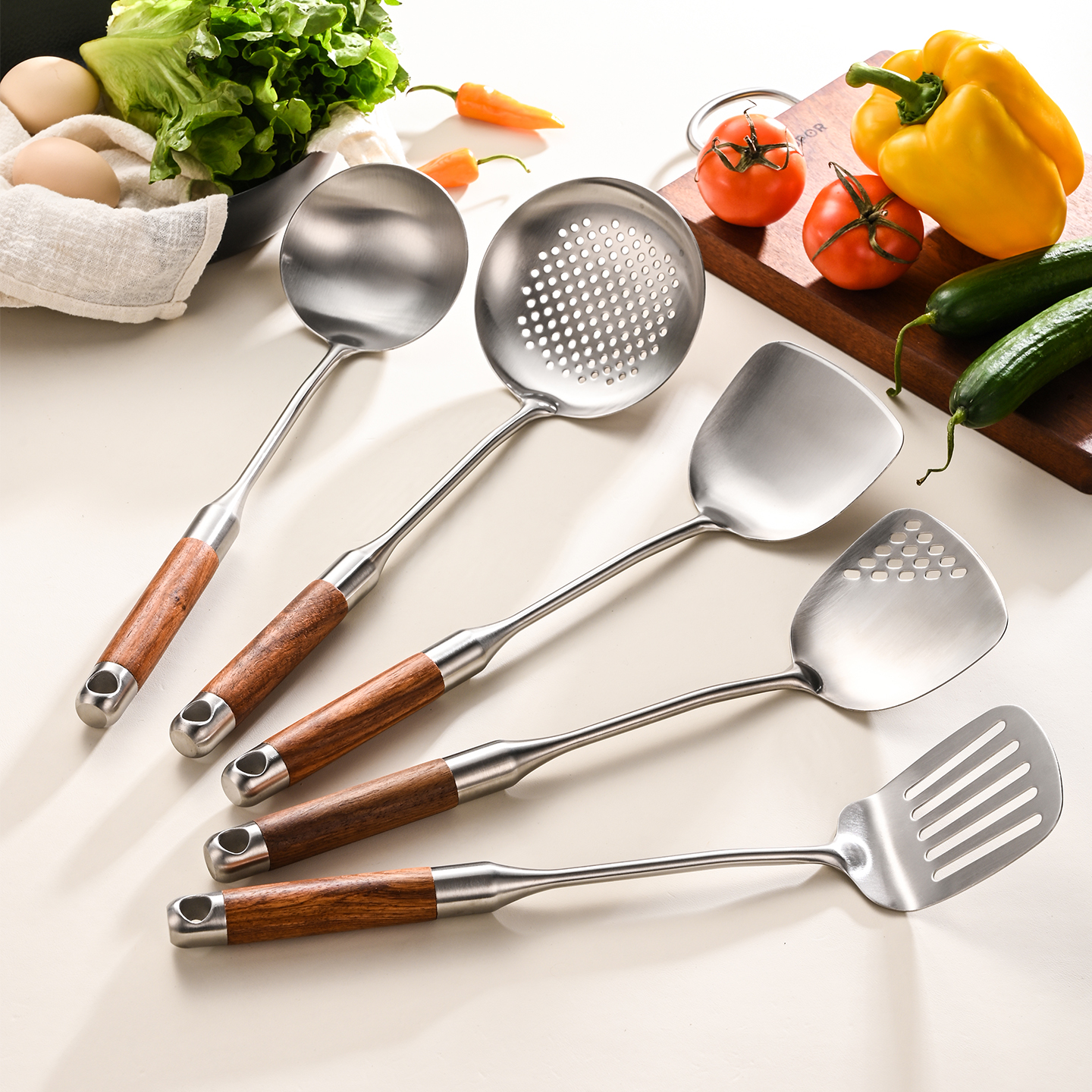 316不锈钢锅铲汤勺厨具花梨木手柄大漏勺铲子家用炒勺蘑菇铲