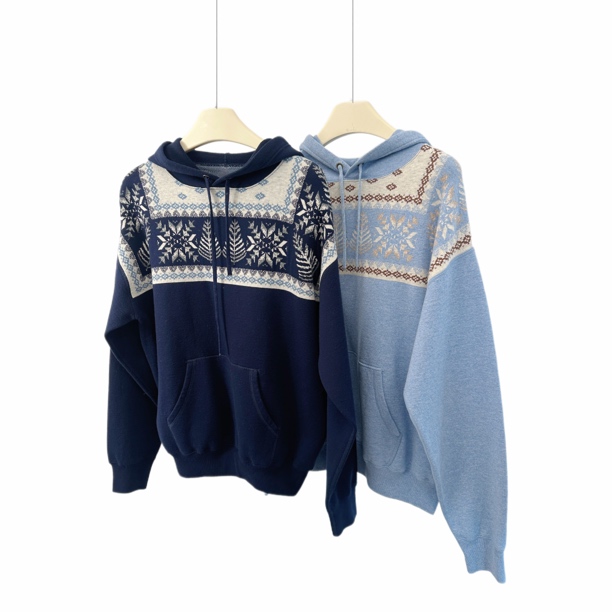 45美式复古费尔岛风格加绒连帽针织套头衫