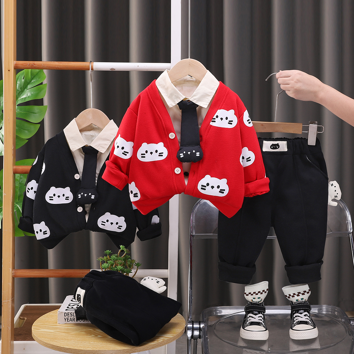 XY-25017男童2025春秋季新款长袖衬衫卡通猫咪开衫休闲裤子三件套