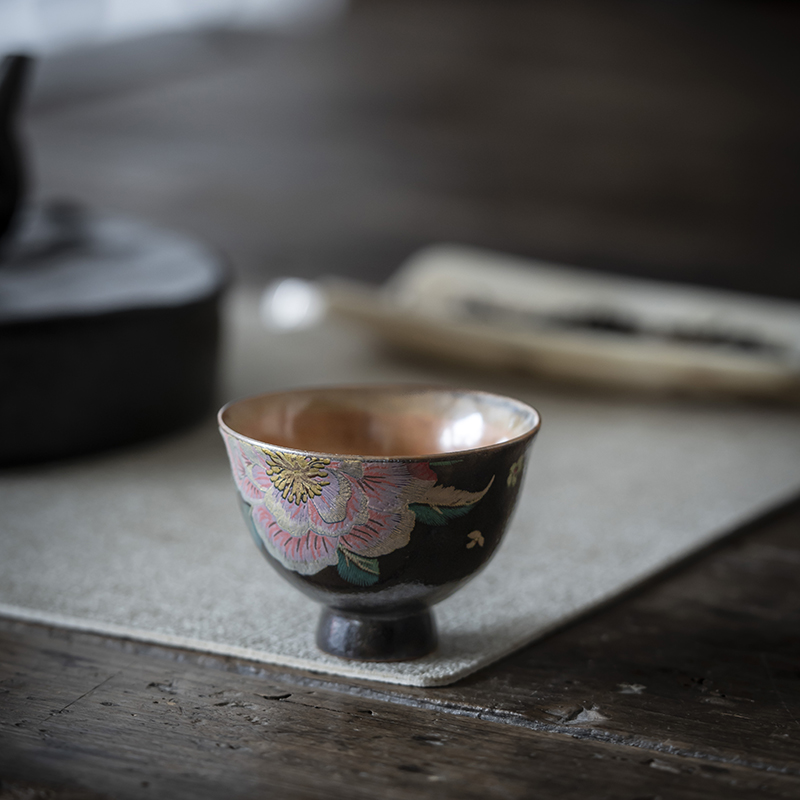 荼梦令志野烧牡丹花缂丝鸡心高足杯功夫茶具品茗杯