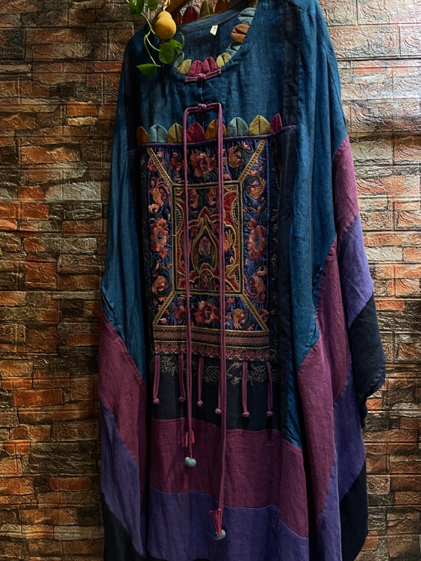 文艺复古设计师原创重工刺绣拼接亚麻民族风连衣裙