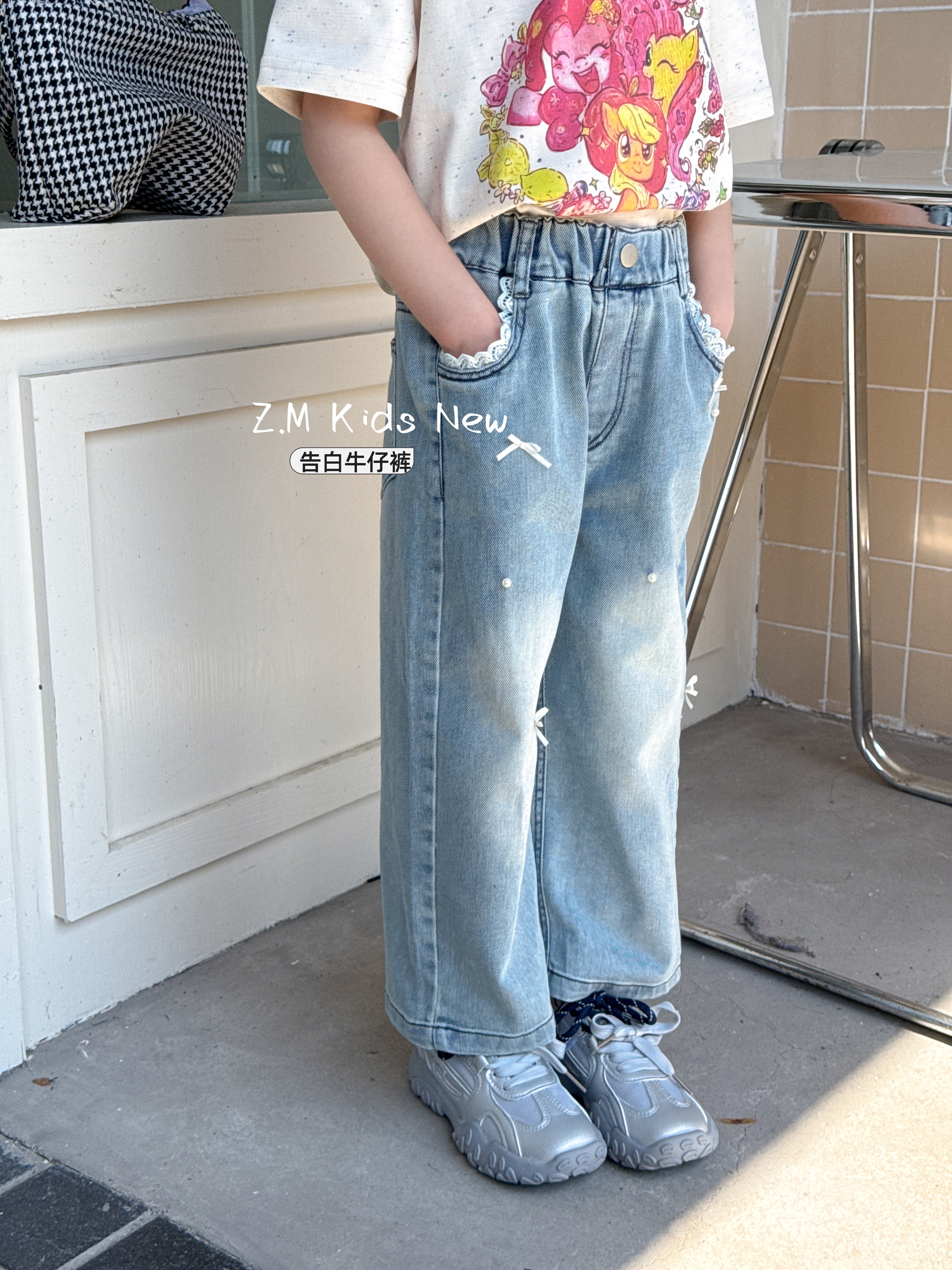 【告白牛仔】2025夏儿童休闲裤蝴蝶结钉珠直筒裤女童牛仔裤N-65080 