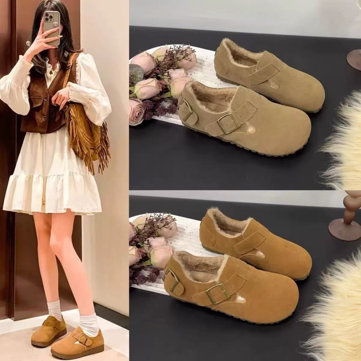 一脚蹬勃肯鞋女冬季新款时尚舒适加绒保暖懒人鞋11