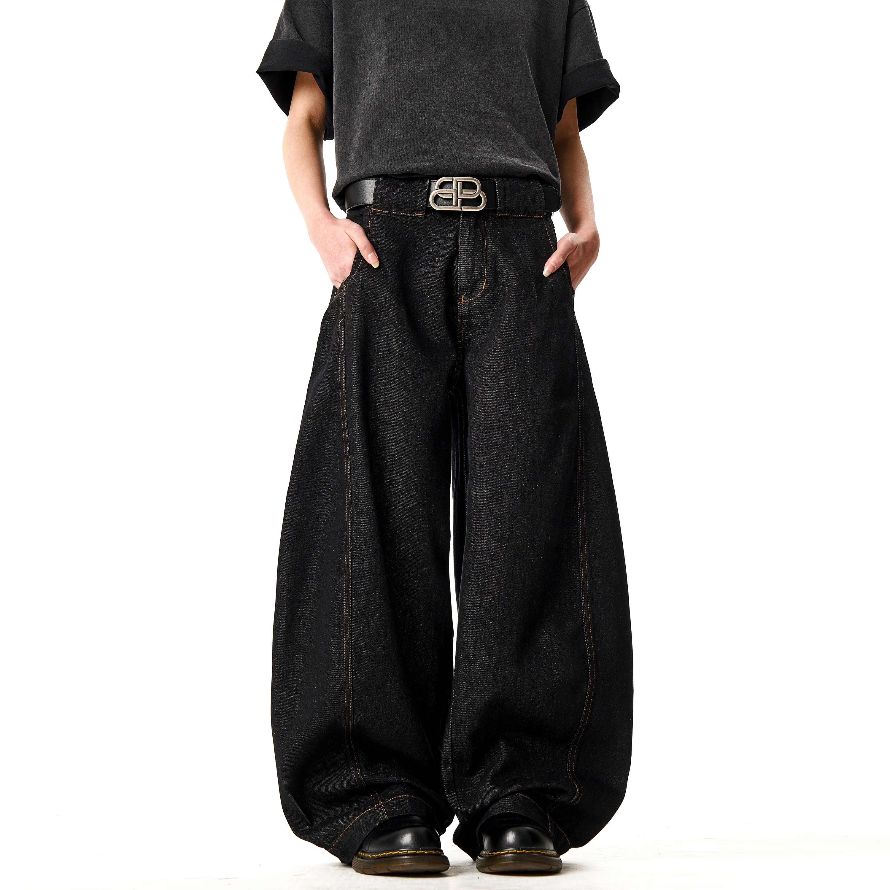 J LONE美式复古黑色弯刀牛仔裤男女潮牌廓形宽松阔腿cleanfit裤子