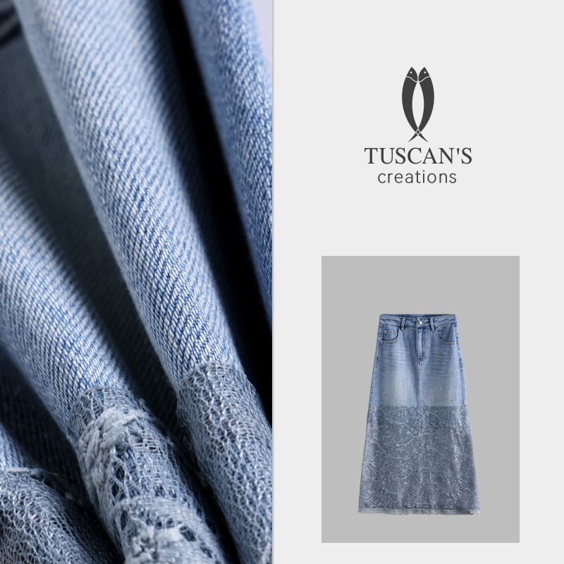 TUSCAN'S CREATIONS女士通勤百搭蕾丝牛仔半裙设计感裙子时代双鱼