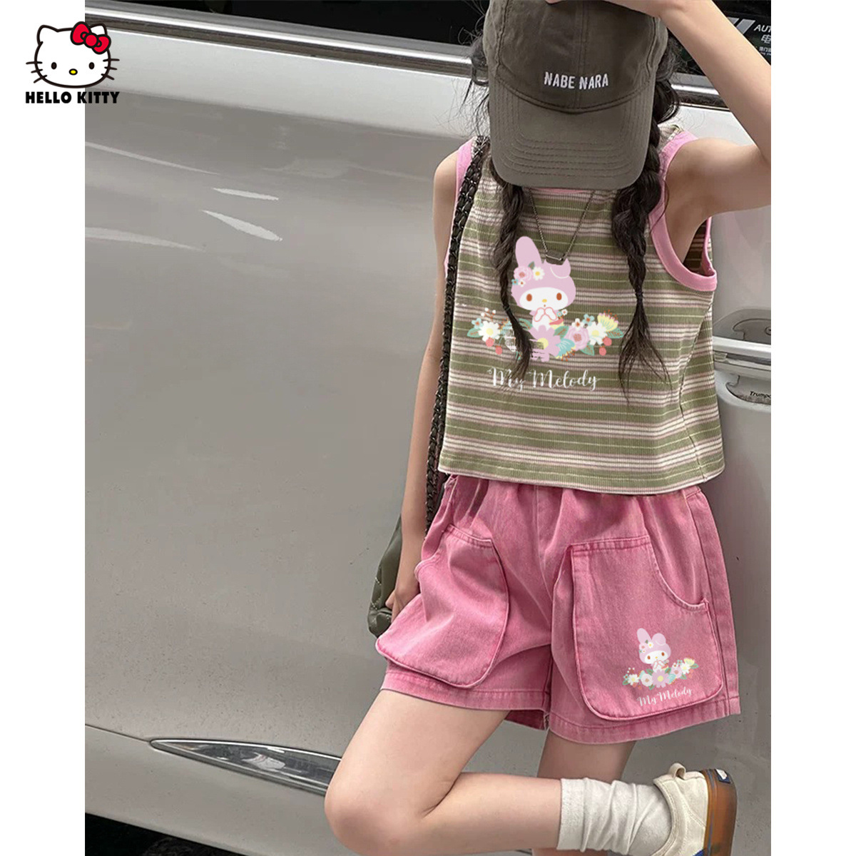 女童夏季美乐蒂IP款条纹无袖T恤套装2025新款中大童两件套