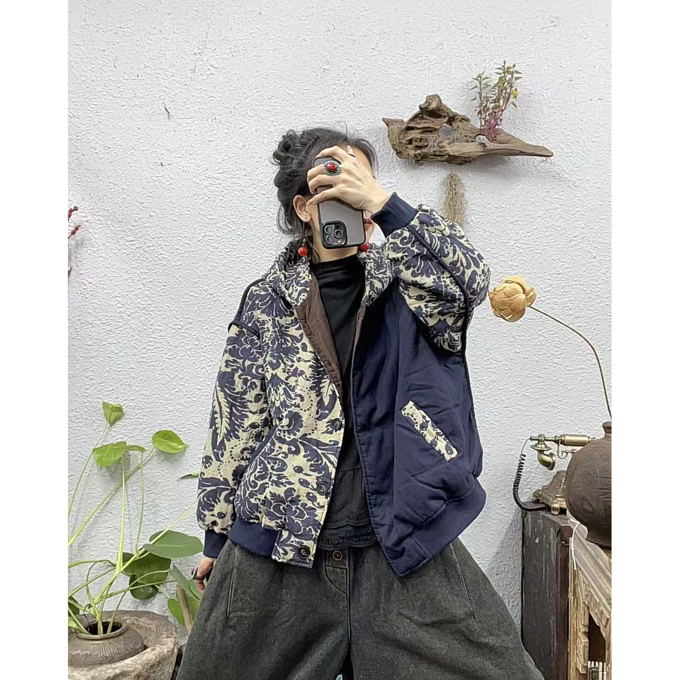 58-1夹棉青花瓷花色帽衫色织麻长袖开衫棉袄外套（长61胸围136