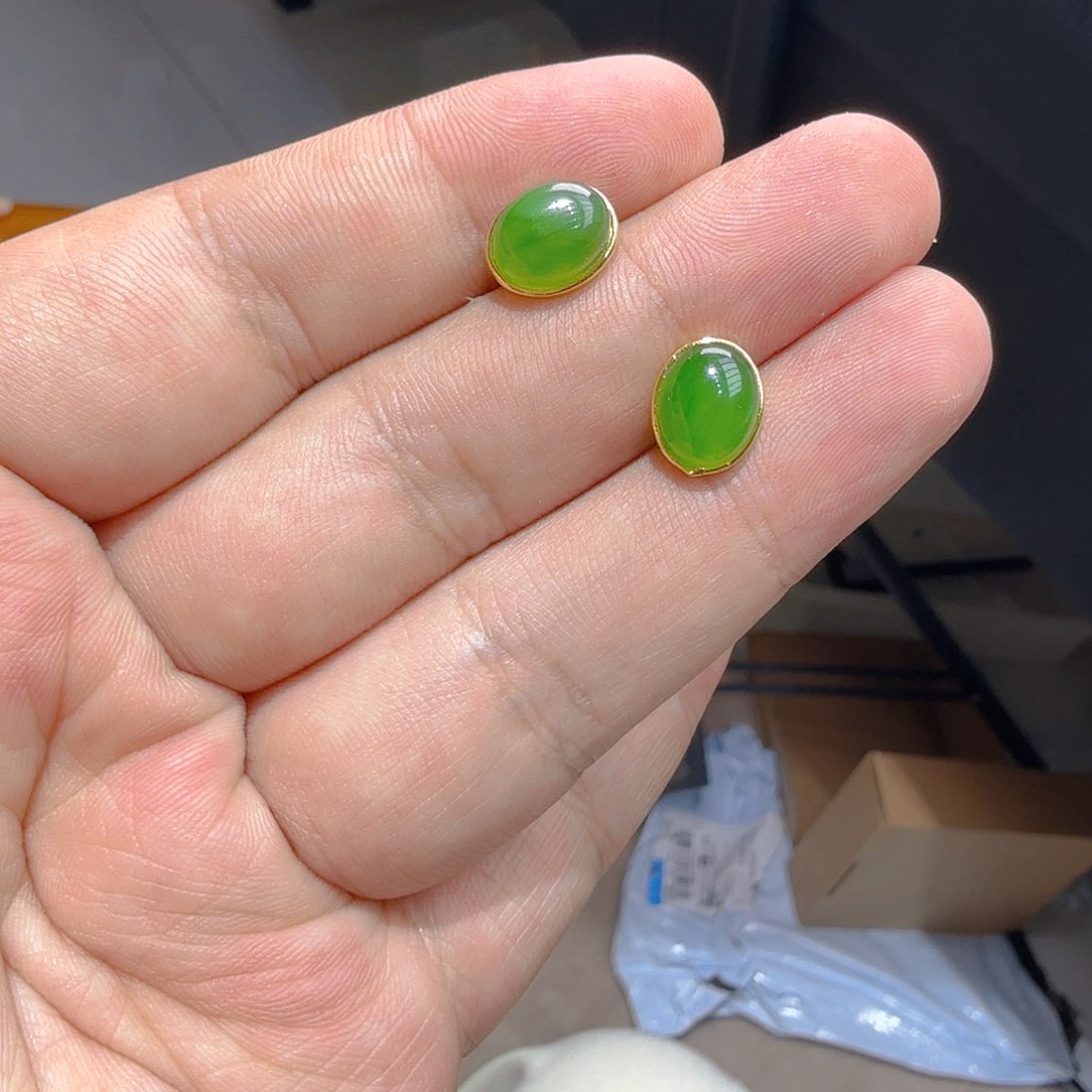 银S925镀金镶嵌和田玉（碧玉）耳饰