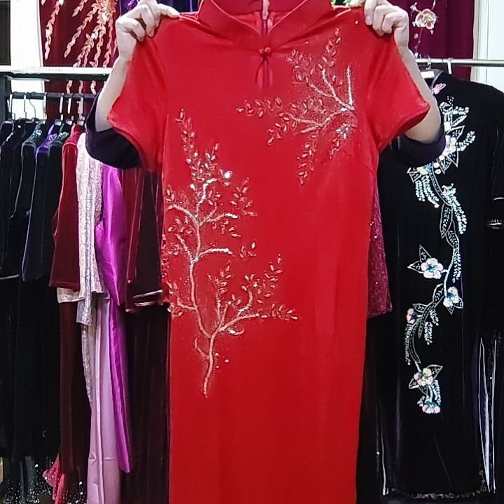 亮酒红色夏季手工穿珠发财树中长旗袍xl110斤2XL115斤