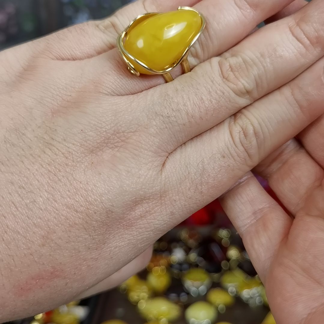 琥珀戒指银S925镀金镶嵌