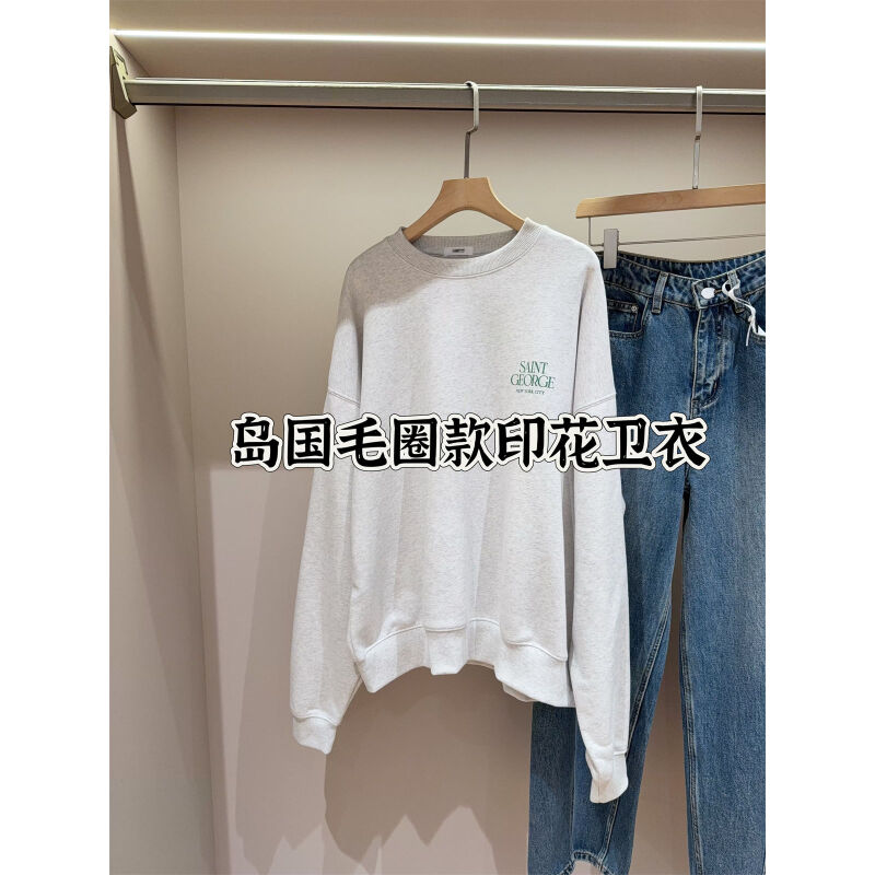 最新款！复古印花圆领毛圈宽松套头上衣卫衣