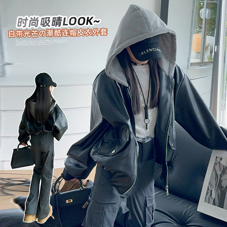 母女装 夹克/皮衣春秋女童短款洋气百搭连帽假两件拼接皮衣外套