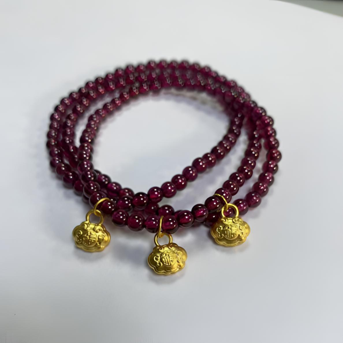 足金小福锁天然石榴石手串 招财 招福 代代福 锁财库