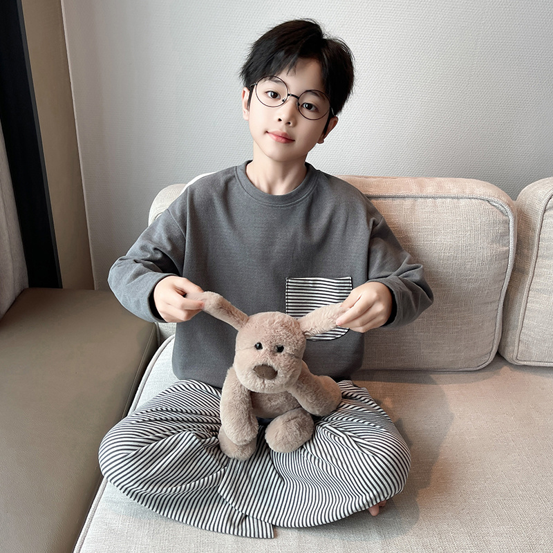 儿童长袖德绒睡衣春秋款男童条纹家居服套装中大童宽松休闲两件套