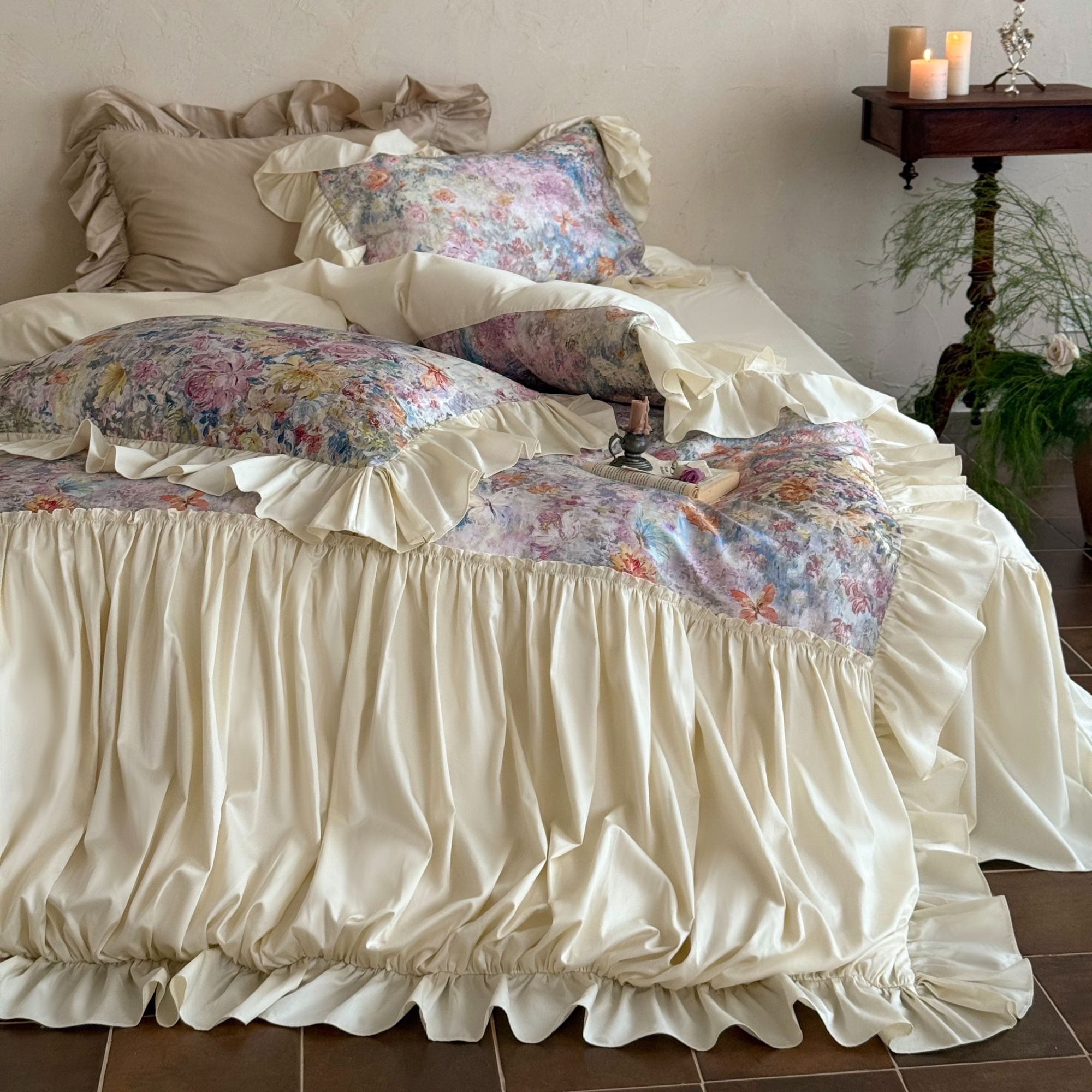 梅边【粉墨黛雨】法式浪漫韩版小众设计印花全棉贡缎四季通用四件套