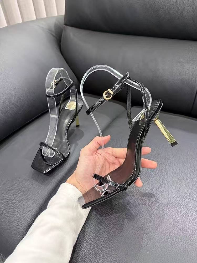 法式性感凉鞋女同款细跟一字带高跟鞋气质时尚百搭黑色漆皮