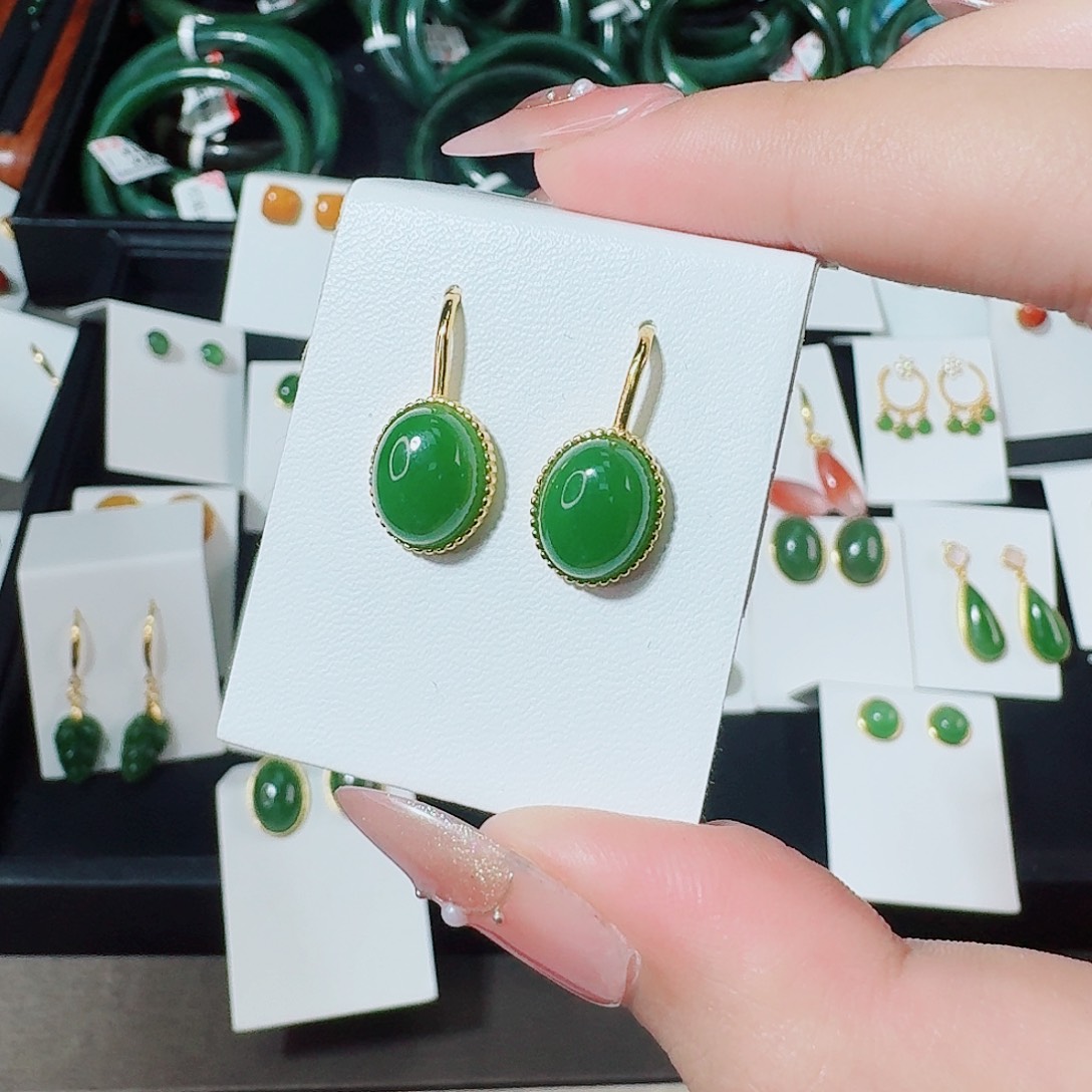 和田玉银S925镶嵌耳饰蛋面耳钩款新款