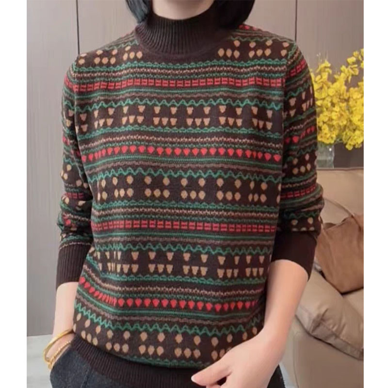 冬季新款宽松型秋冬毛衣针织衫半高领提花加厚保暖套头时尚百搭女
