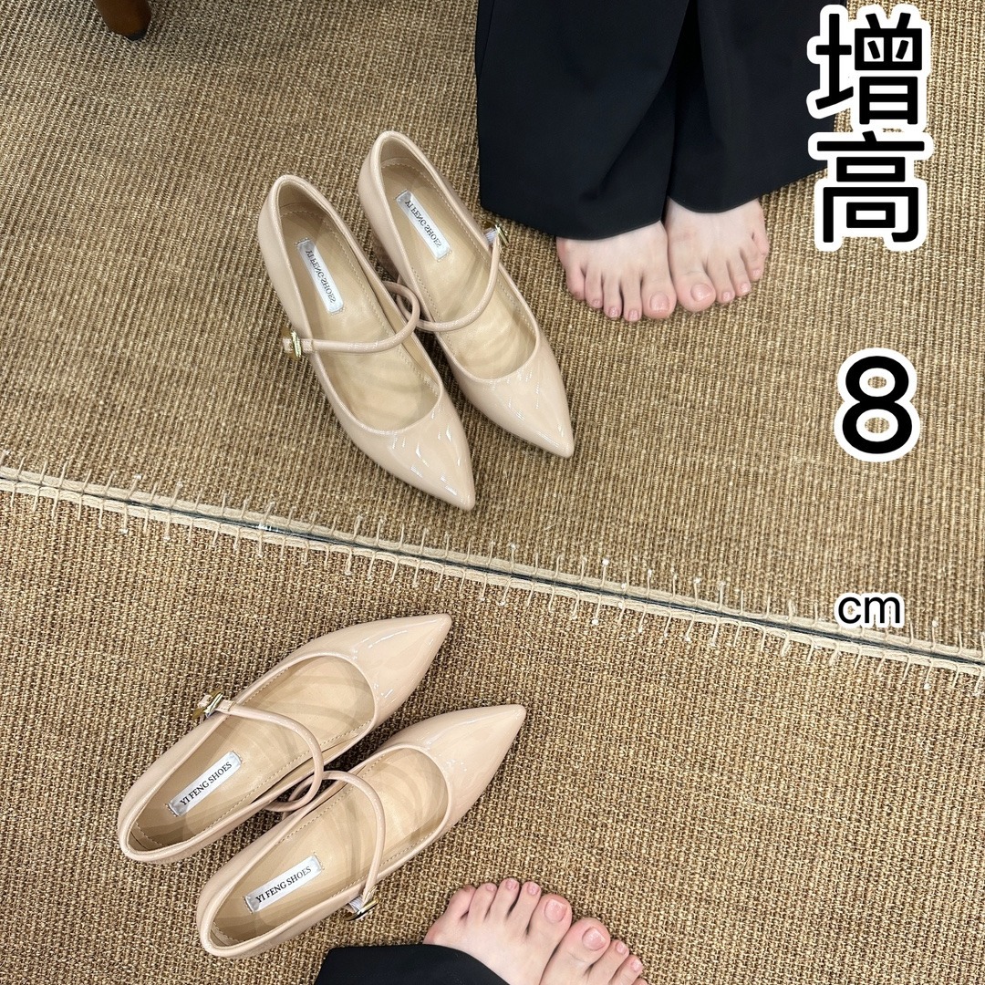 裸色尖头粗跟加内增8公分一字带玛丽珍浅口女高跟鞋通勤气质女鞋 