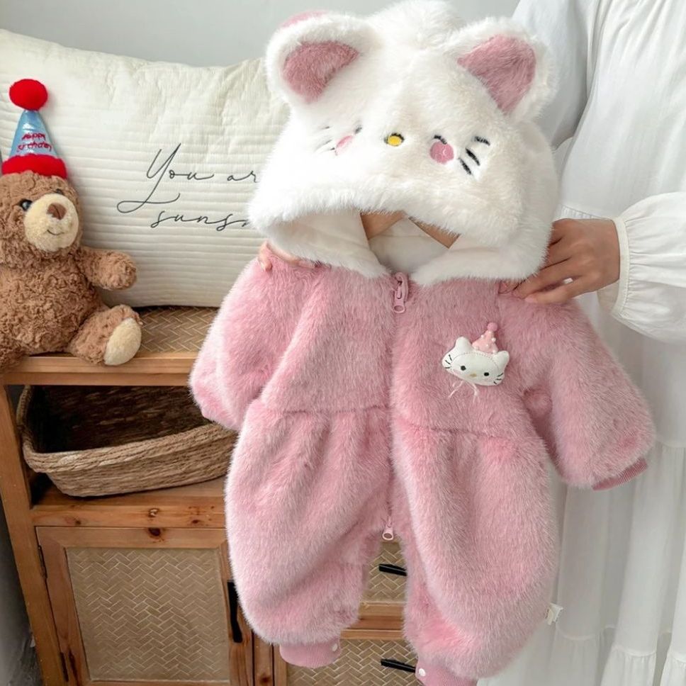 婴幼儿衣服秋冬款毛毛衣可爱Kitty连体衣女宝宝加绒冬款连帽
