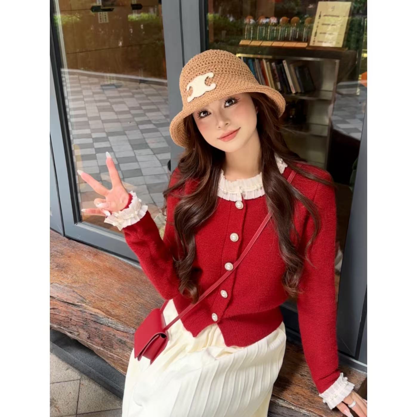 2025秋冬圆领木耳边钉珠长袖时尚针织开衫毛衣女厚实短外套#9212