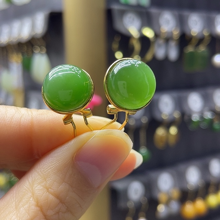 和田玉银S925镀金镶嵌耳饰