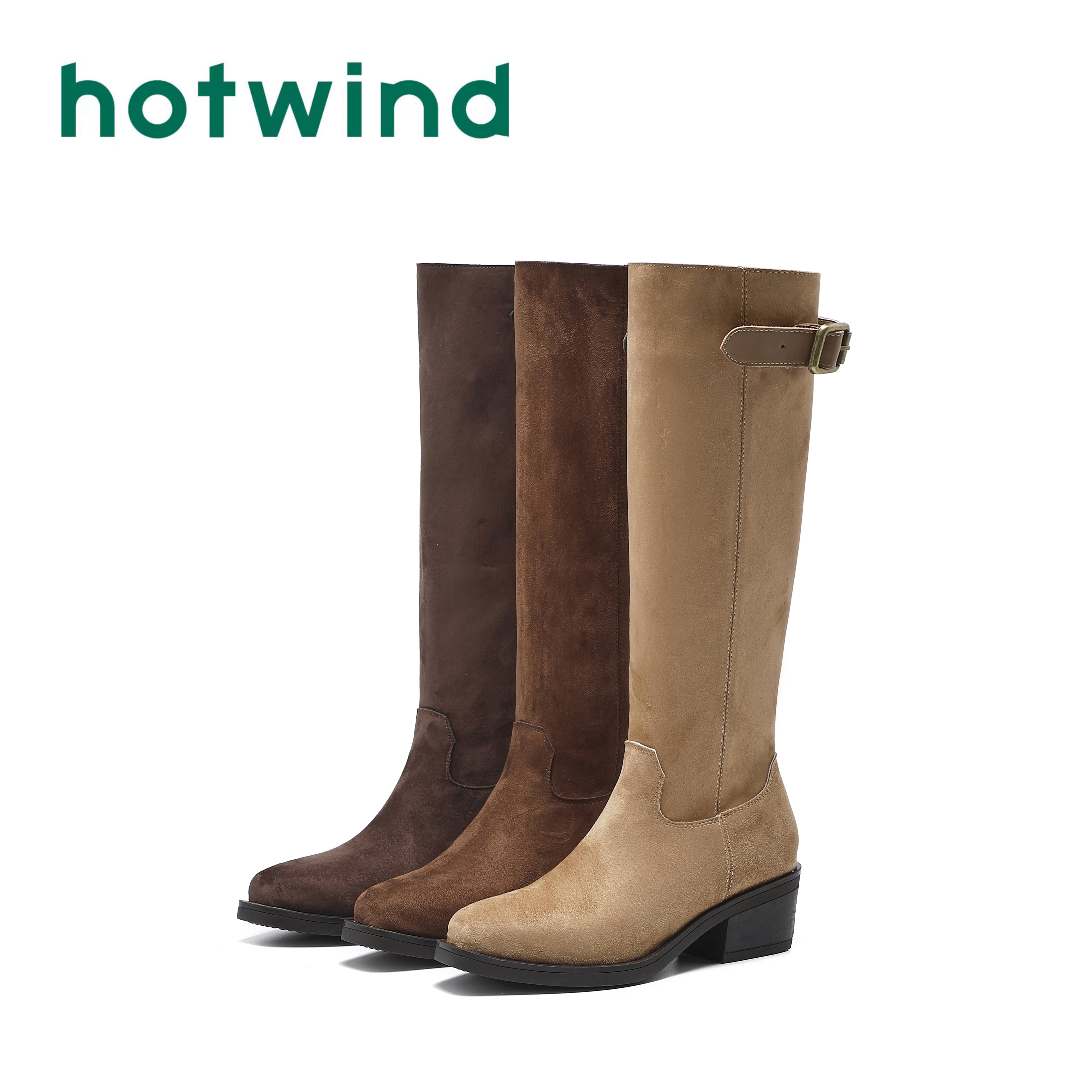 Hotwind/热风2025秋冬新款复古高筒长靴女不过膝皮带扣粗跟骑士靴