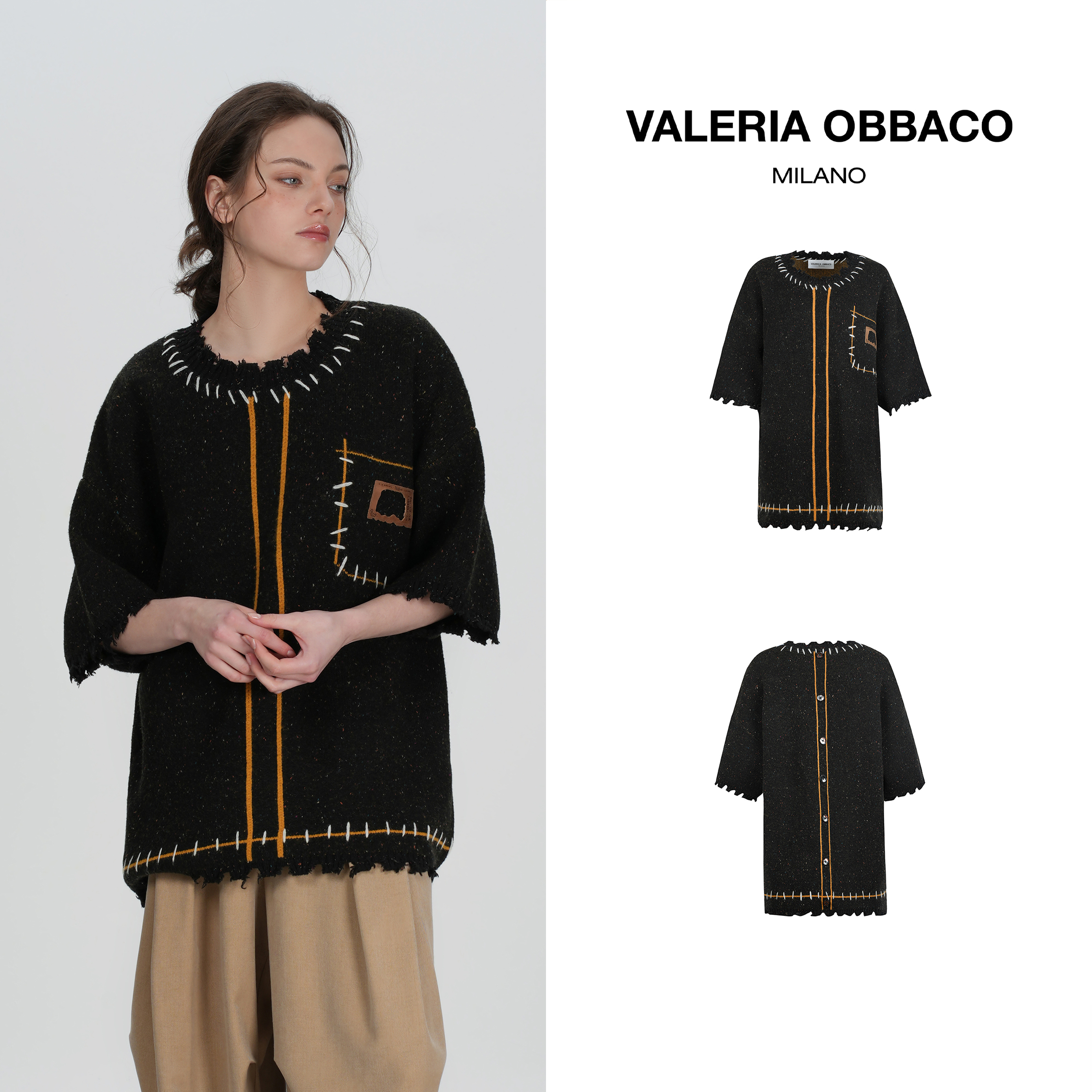 VALERIAOBBACO/瓦莱丽娅 奥贝科VO黑色羊毛中袖针织衫秋冬上衣女