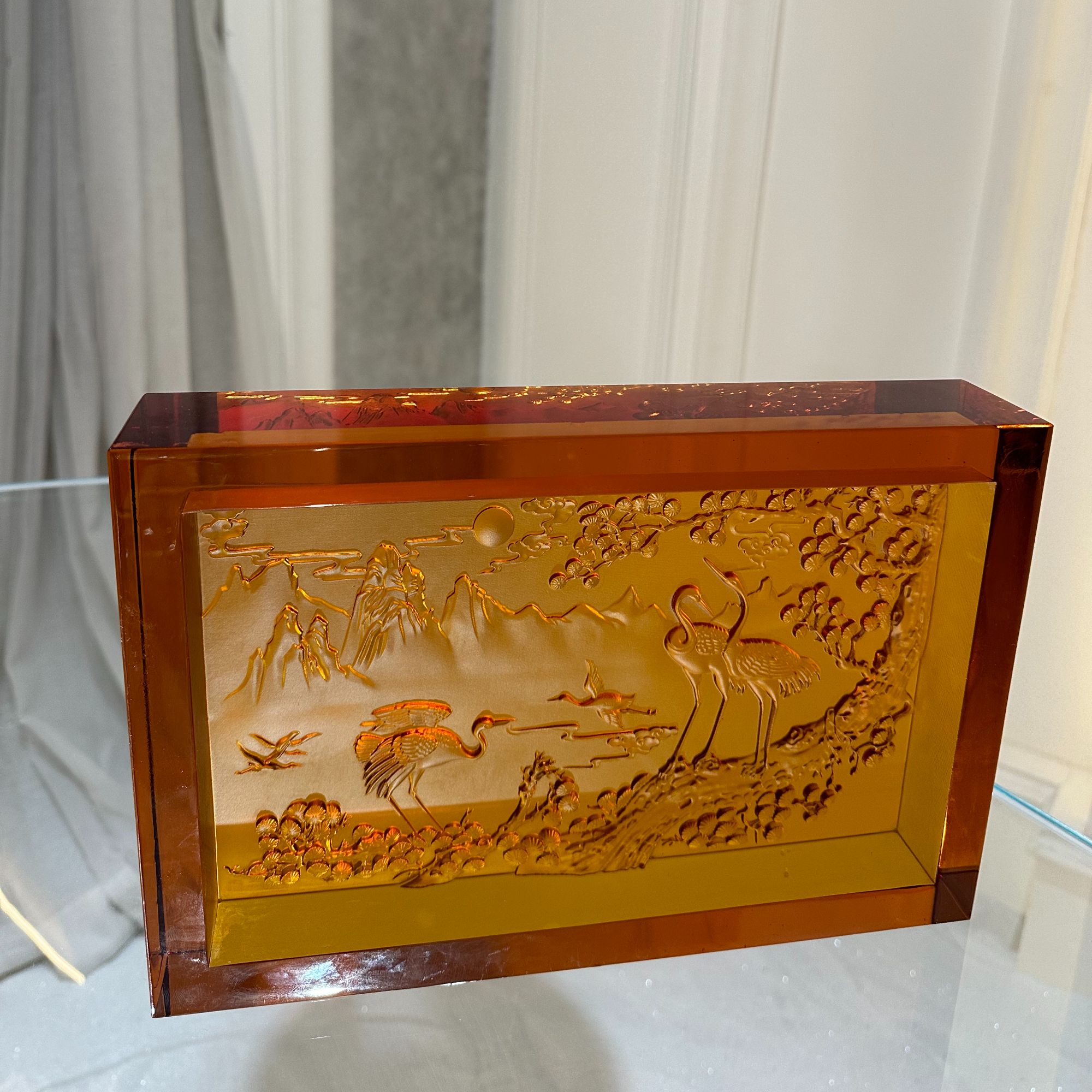 安桔东方美学【仙鹤朝阳摆件】新中式纯手工极简送礼水晶琉璃摆件