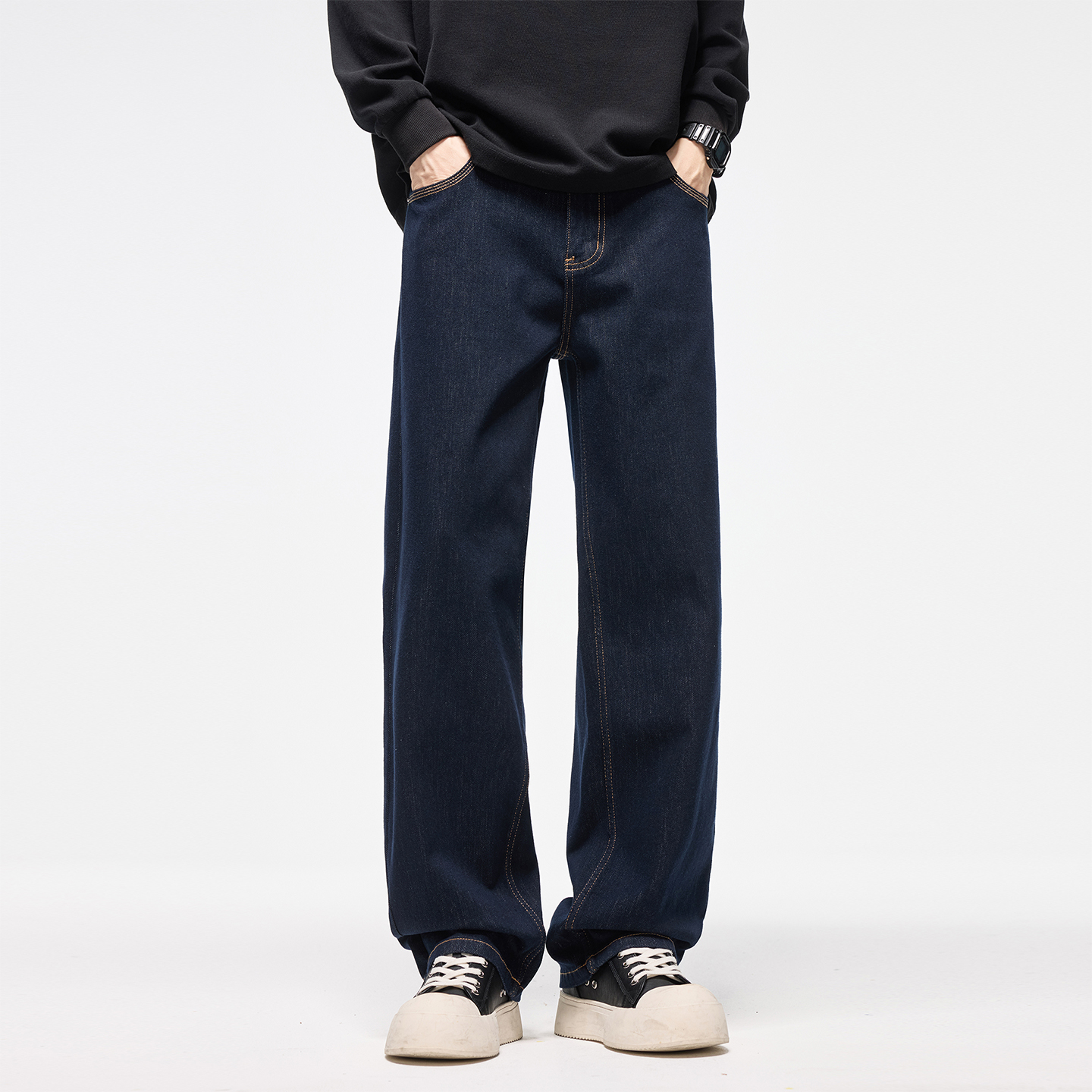 2025冬季深蓝四面弹原色牛仔裤男士新春款直筒宽松阔腿休闲裤子