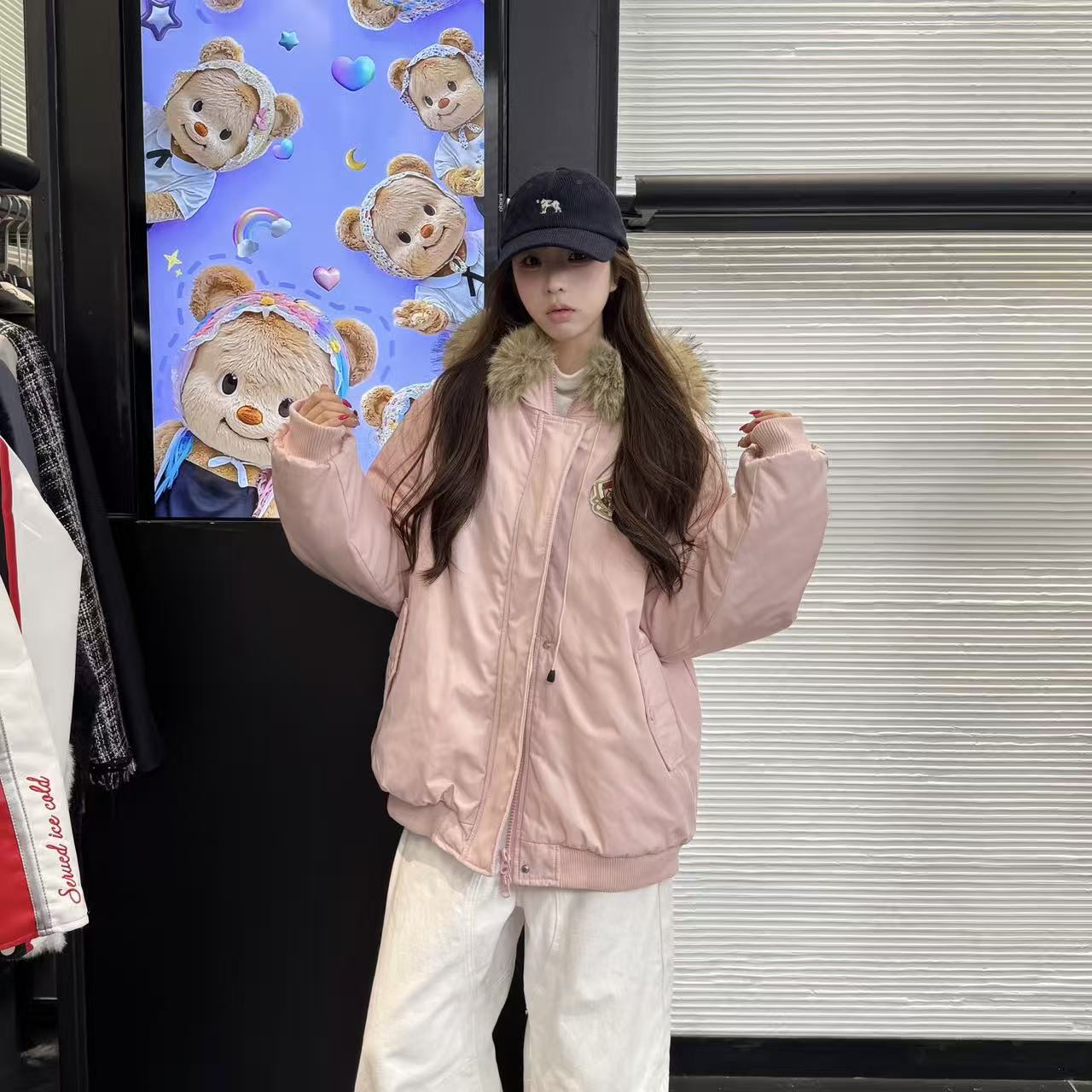 【软玉温香】趣味小熊毛领棉服女款加厚保暖棉衣卡通刺绣外套（236）