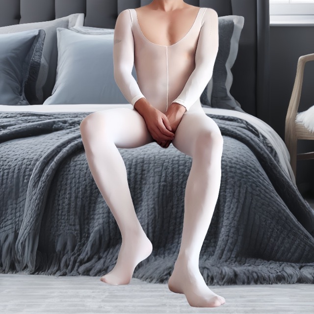 男士连体丝袜低领长袖连身白色丝袜高弹力连身透明圆领袜性感透气