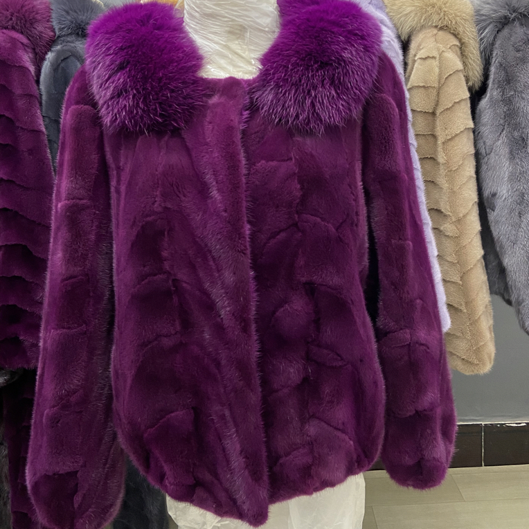 水貂进口水貂毛玫紫色色披肩领短款外套毛领可拆卸