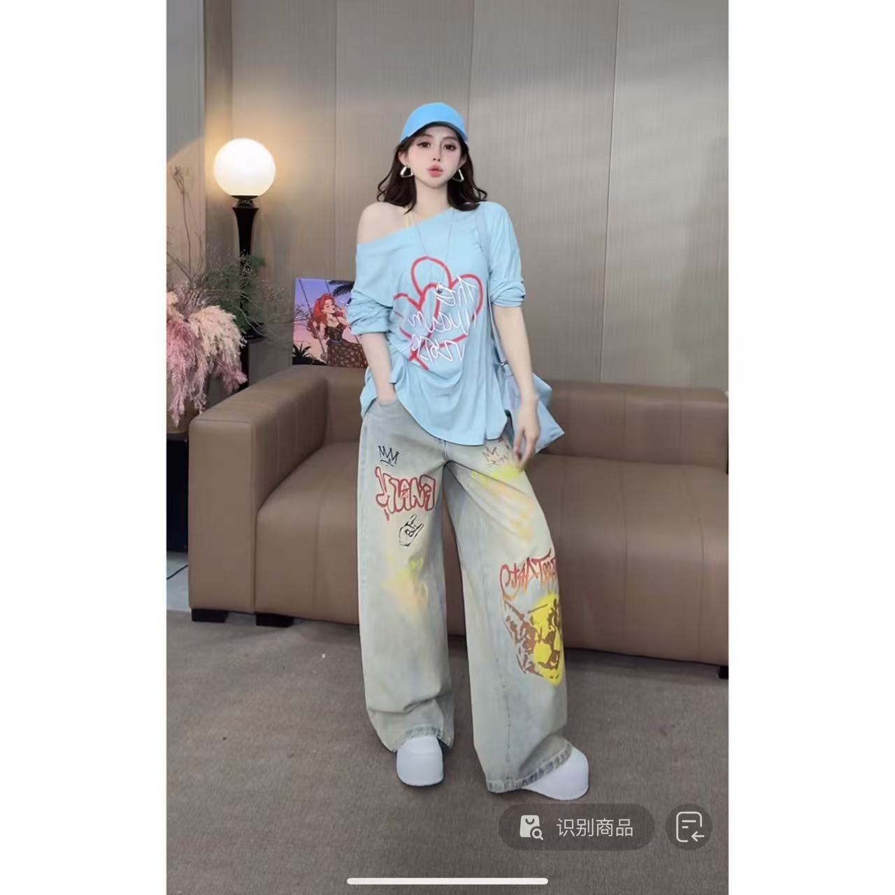 DACPAN-“涂鸦街区”涂鸦火焰字母阔腿牛仔裤 2025/盼·PP 6207