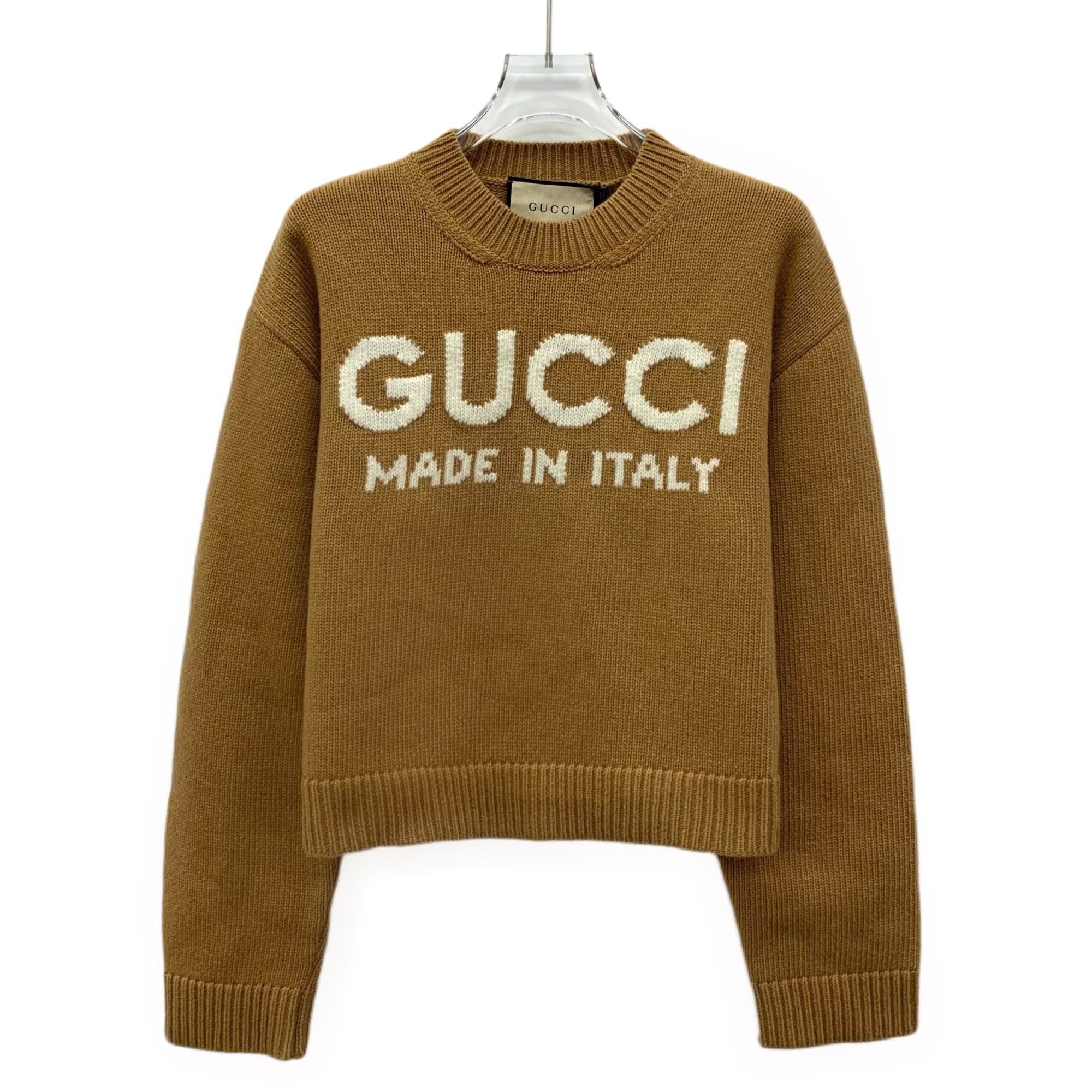 未使用 GUCCI/古驰 HW0265 棕色logo字母刺绣羊毛针织毛衣 S码