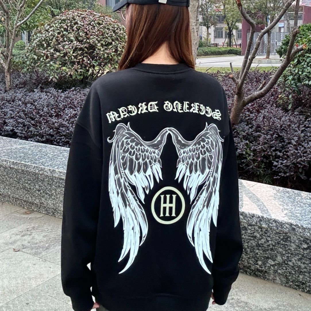 HAR^_^印花翅膀哥特字母加绒套头美式圆领长袖卫衣 男女同