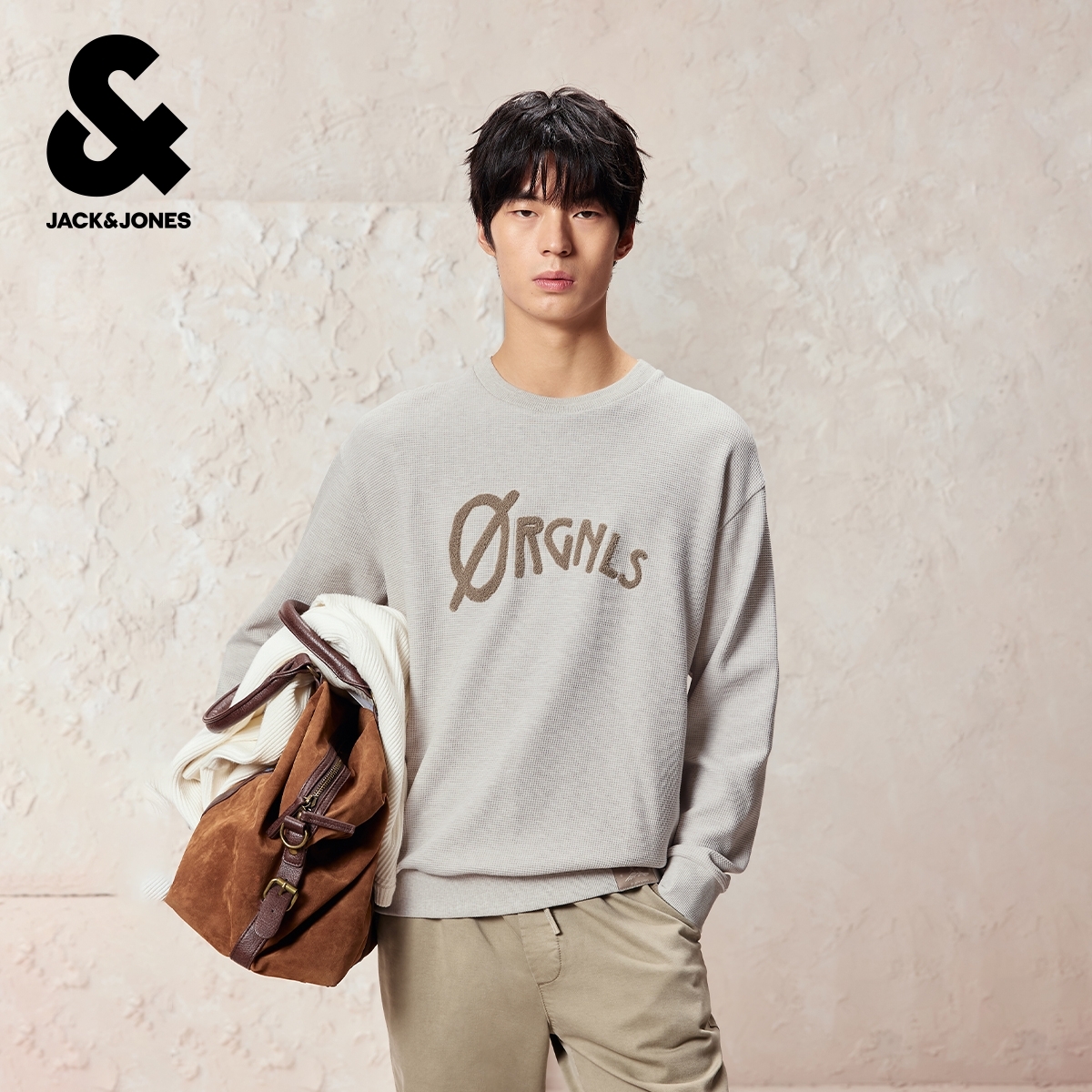 杰克琼斯男装春秋毛衣针织衫宽松圆领立体字母针织提花款长袖上衣