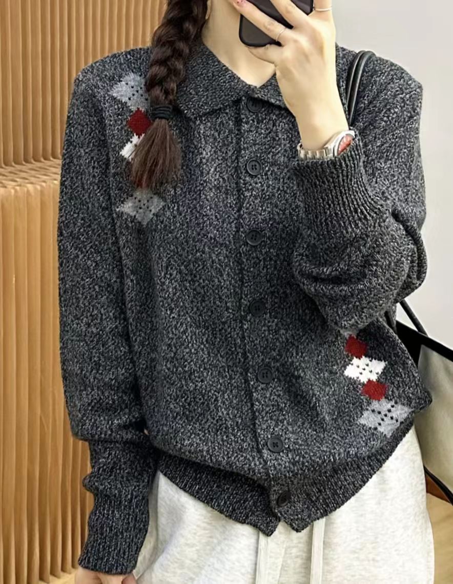 【花纱菱格开衫】2025秋冬韩系新款提花翻领毛衣开衫宽松百搭气质