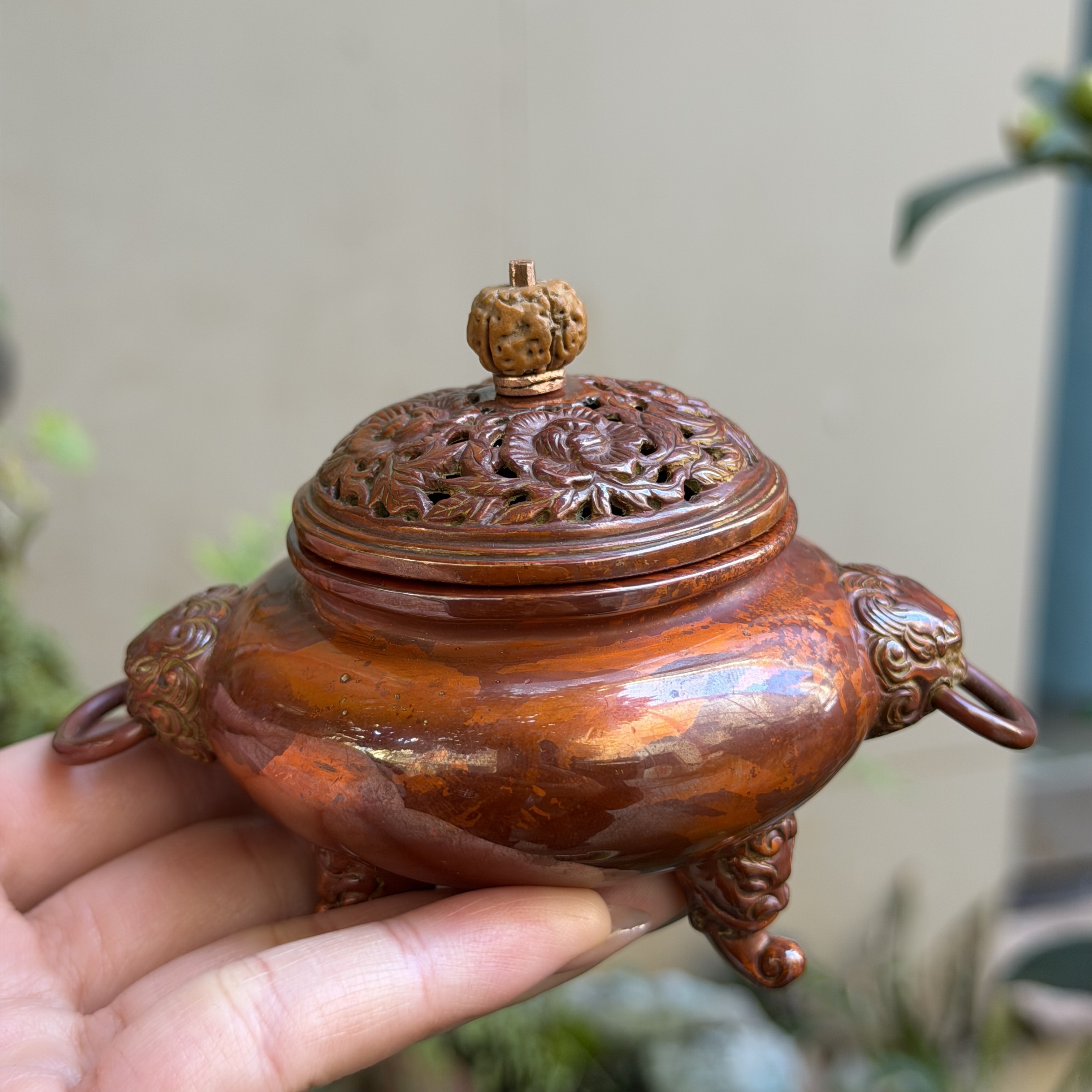 【李碧老师】斑铜牡丹兽头炉把玩纯铜茶宠摆件