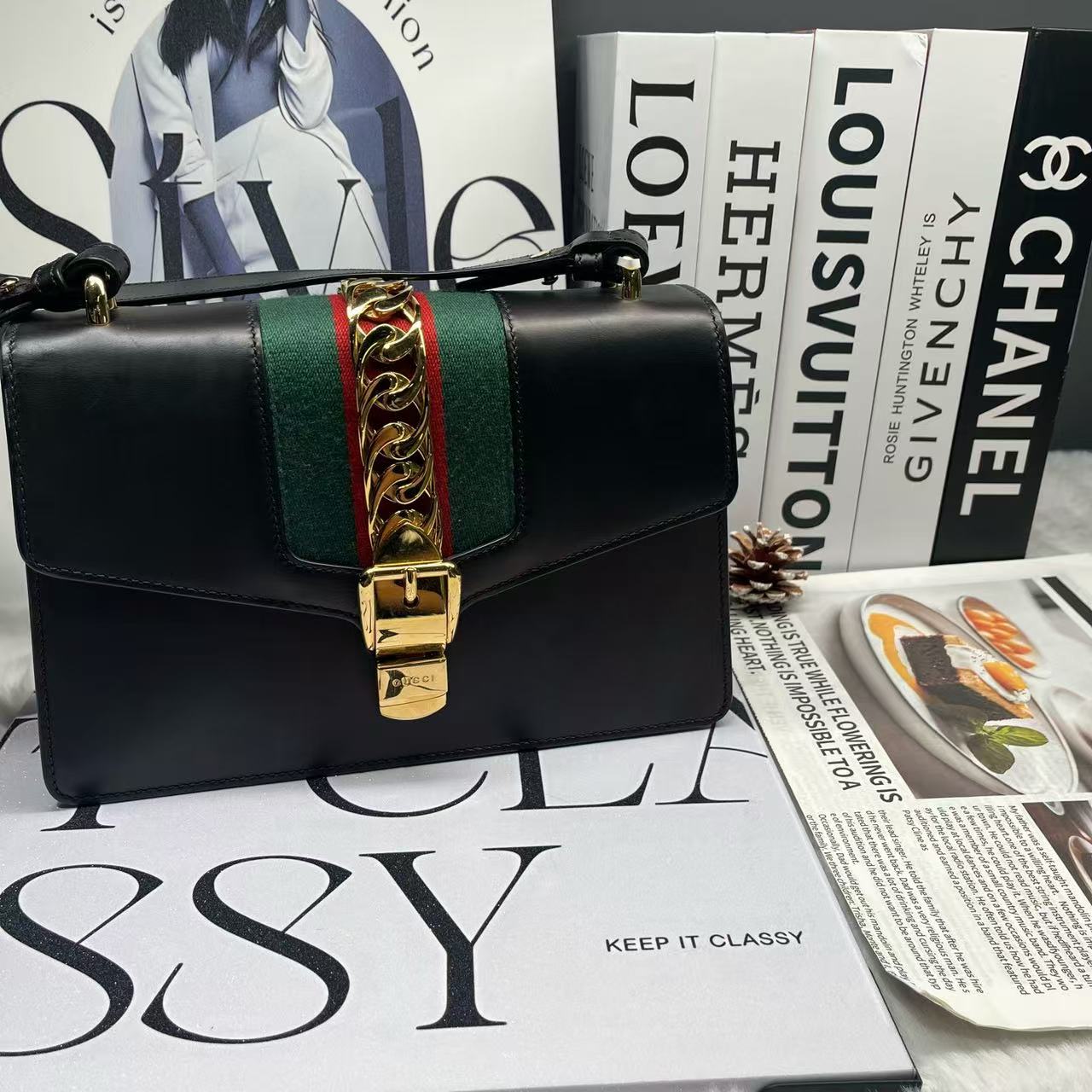 99新 GUCCI/古驰  黑色中号塞尔维亚单肩包 80350